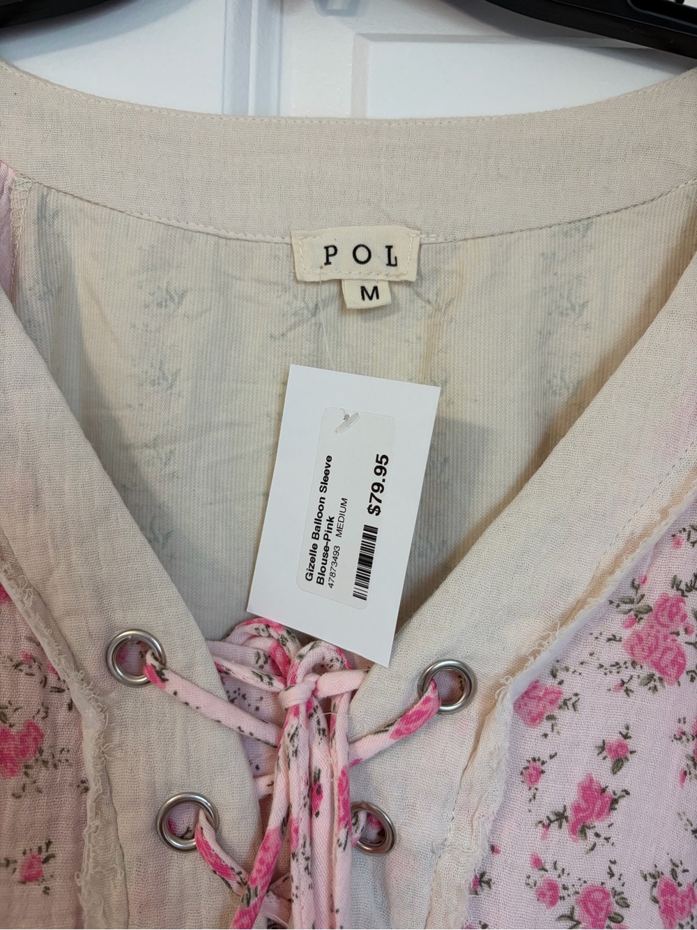 POL Pink Floral Lace-Up Gizelle balloon sleeve Blouse - Picture 2 of 4